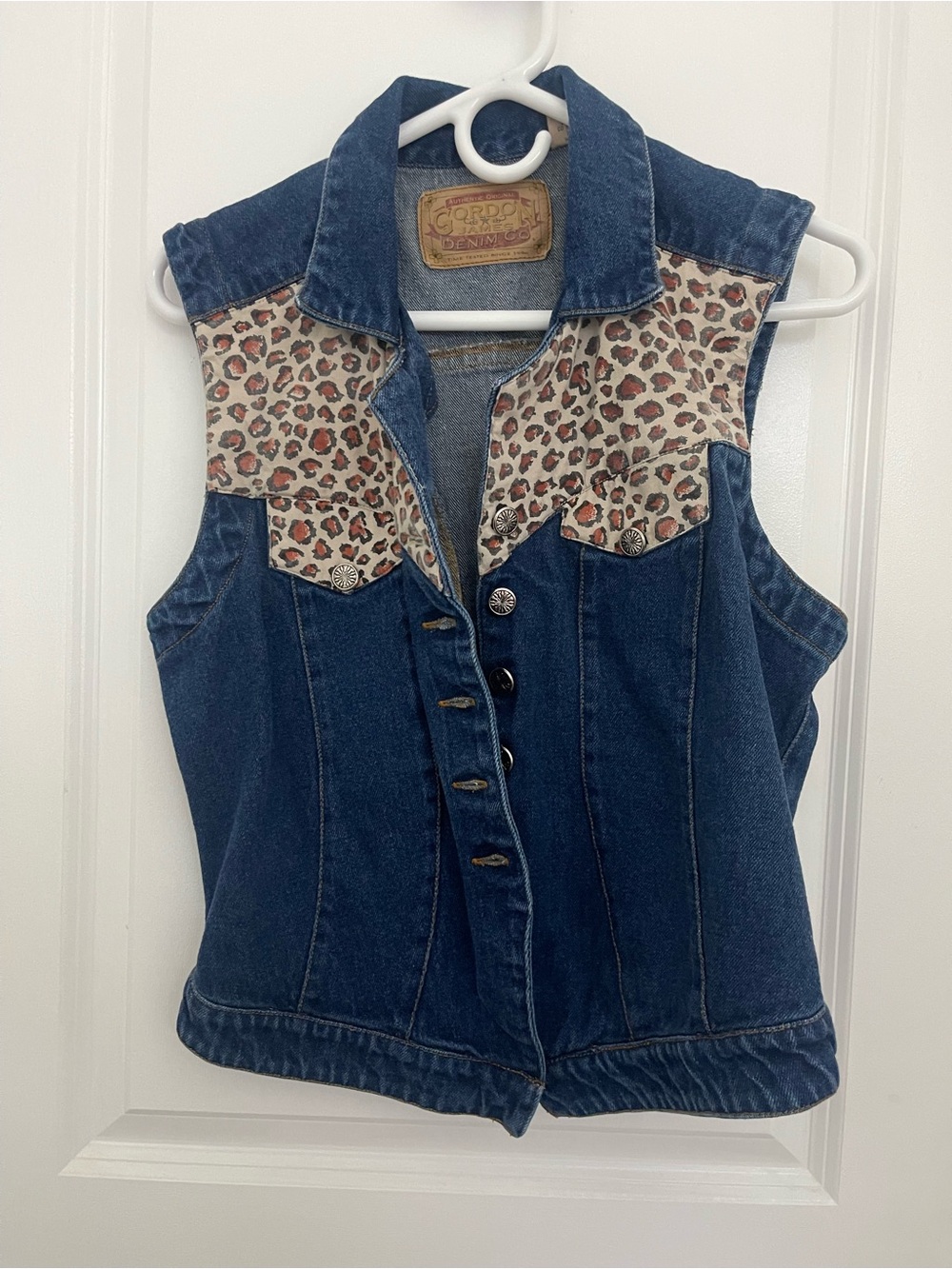 Leopard-Trim Dark Blue Denim Vest